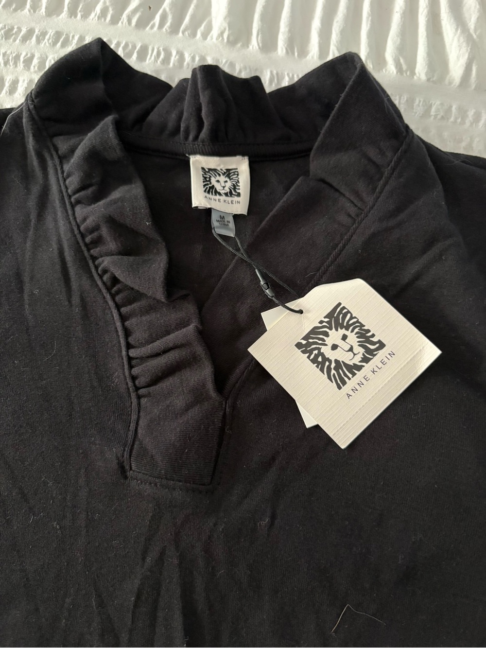 Anne Klein Black Ruffle Trim V-Neck Pullover